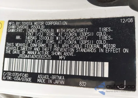 2009 Toyota Highlander z USA, uszkodzony, nr VIN JTEDA41A092002535